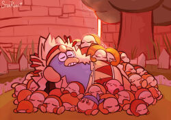 Rule 34 | bandana, bandana waddle dee, blue bandana, closed eyes, colored skin, fence, grass, highres, king dedede, kirby, kirby (series), kirby and the forgotten land, nintendo, no humans, pink skin, signature, sleeping, solid oval eyes, starroad, too many, tree, waddle dee