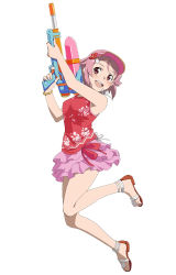 Rule 34 | 1girl, arms up, bead bracelet, beads, blush, bracelet, freckles, full body, gun, hat, holding, holding gun, holding weapon, jewelry, lisbeth (sao), looking at viewer, non-web source, official art, open mouth, round teeth, sandals, simple background, skirt, sleeveless, solo, sword art online, teeth, water gun, weapon, white background