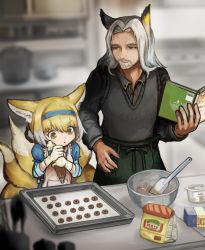 Rule 34 | 1boy, 1girl, absurdres, animal ears, apron, arknights, bag, baking, baking sheet, bird ears, black sweater, blonde hair, blue dress, blue hairband, blurry, book, bowl, braid, buchi0122, commentary, depth of field, dress, fox ears, fox tail, gloves, green eyes, green pants, hairband, hellagur (arknights), highres, holding, holding book, kitsune, kyuubi, long hair, looking at another, measuring cup, multiple tails, open mouth, pants, pastry bag, spatula, suzuran (arknights), sweater, tail, upper body, v-shaped eyebrows, white apron, white gloves, white hair