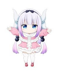 Rule 34 | 1girl, black bow, black hairband, blue eyes, blush, bow, capelet, chibi, closed mouth, dress, frilled capelet, frills, full body, gradient hair, hair bow, hairband, highres, horns, kanna kamui, kobayashi-san chi no maidragon, kuena, long hair, long sleeves, low twintails, multicolored hair, multiple horns, outstretched arms, pink dress, puffy long sleeves, puffy sleeves, purple hair, red footwear, shoes, simple background, solo, standing, thighhighs, twintails, very long hair, white background, white capelet, white thighhighs