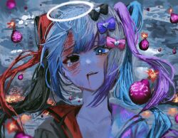 Rule 34 | 1girl, black bow, black hair, blood, blood from mouth, blood on face, blue eyes, blue hair, blue sailor collar, bomb, bow, chouzetsusaikawa tenshi-chan, chouzetsusaikawa tenshi-chan (dark angel), cloud, cloudy sky, commentary request, dark persona, explosive, fire, fusion, hair bow, halo, heterochromia, long hair, looking at viewer, multicolored hair, needy girl overdose, open mouth, outdoors, pink hair, quad tails, red hair, red sailor collar, sailor collar, sky, smile, solo, tearing up, tears, upper body, white halo, wind, x x (batttsu 404)
