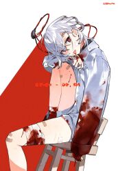 Rule 34 | artist name, bandage on face, bandaged arm, bandaged leg, bandages, bandaid, bandaid on face, bandaid on leg, blood, blood on clothes, bloody bandages, chair, gender request, hair between eyes, halo, head rest, head tilt, highres, ierotak, knee up, long sleeves, looking at viewer, original, red eyes, shirt, shorts, sitting, tongue, tongue out, white hair, white shirt, white shorts