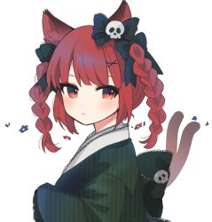 Rule 34 | 1girl, alternate costume, animal ears, black bow, bow, braid, cat ears, cat girl, cat tail, closed mouth, commentary request, green kimono, hair bow, hair ornament, highres, japanese clothes, kaenbyou rin, kimono, lace trim, long hair, long sleeves, looking at viewer, multiple tails, necono (nyu6poko), red eyes, red hair, simple background, skull ornament, solo, tail, touhou, twin braids, two tails, upper body, white background, x hair ornament