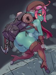Rule 34 | 1girl, ahoge, ass, backpack, bag, bikini, boots, breasts, brown gloves, colored sclera, earrings, female goblin, gloves, goblin, goggles, goggles on head, hat, high heel boots, high heels, highres, jewelry, large breasts, leather, leather boots, leather gloves, long pointy ears, original, pickaxe, plump, pointy ears, red eyes, red hair, scarf, shortstack, side-tie bikini bottom, sirachi, solo, string bikini, stud earrings, sweat, swimsuit, thick thighs, thigh boots, thighs, yellow sclera