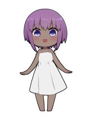 Rule 34 | 1girl, :d, bare arms, bare shoulders, barefoot, blush, chibi, dark skin, dark-skinned female, dress, fate/prototype, fate/prototype: fragments of blue and silver, fate (series), full body, hassan of serenity (fate), highres, i.u.y, looking at viewer, open mouth, purple eyes, purple hair, simple background, sleeveless, sleeveless dress, smile, solo, standing, white background, white dress