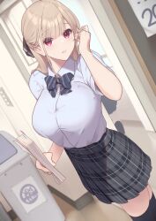 Rule 34 | 1girl, absurdres, blunt bangs, blurry, blurry background, bow, bowtie, breasts, classroom, collared shirt, cowboy shot, dress shirt, grey bow, grey bowtie, hair ribbon, half updo, hayato rikin, highres, holding, indoors, large breasts, light brown hair, long hair, looking at viewer, original, parted lips, plaid, plaid bow, plaid bowtie, plaid skirt, pleated skirt, red eyes, ribbon, school uniform, shirt, shirt tucked in, short sleeves, skirt, smile, solo, standing, thighhighs, tucking hair, white shirt, zettai ryouiki