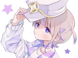 Rule 34 | 1girl, blonde hair, bright pupils, choker, hat, highres, holding, holding clothes, holding hat, hololive, hololive dev is, icon 315, jacket, purple choker, purple eyes, smile, star (symbol), todoroki hajime, two side up, virtual youtuber, white background, white pupils