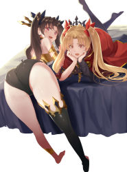 Rule 34 | 2girls, armlet, ass, asymmetrical legwear, asymmetrical sleeves, bare shoulders, bent over, black bow, black hair, blonde hair, blush, bow, breasts, cape, detached sleeves, ereshkigal (fate), fate/grand order, fate (series), gold trim, hair bow, highres, huge ass, ishtar (fate), jewelry, kabocha (monkey4), long hair, looking at viewer, lying, multiple girls, on bed, on stomach, open mouth, parted bangs, red cape, red eyes, siblings, single detached sleeve, sisters, thick thighs, thighs, tiara, two side up, uneven legwear, uneven sleeves