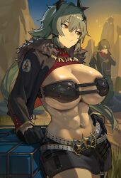 1boy 1girl abs absurdres belt black_gloves black_horns black_jacket blush breasts caesar_king_(zenless_zone_zero) fur_trim gloves green_hair grey_belt hair_between_eyes hair_intakes hair_ornament highres horns jacket large_breasts lighter_(zenless_zone_zero) long_hair open_clothes prosthesis prosthetic_arm red_scarf scarf shikube short_hair solo_focus sunglasses thighhighs yellow_eyes zenless_zone_zero