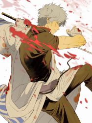 Rule 34 | 1boy, blood, blood splatter, caosishao, cuts, feet out of frame, fighting stance, from side, gintama, hadanugi dousa, highres, holding, holding sword, holding weapon, injury, japanese clothes, kimono, looking to the side, male focus, open clothes, open kimono, sakata gintoki, short hair, short sleeves, solo, sword, toned, toned male, weapon, white hair