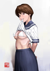 Rule 34 | 1girl, arms behind back, bikini, bikini top only, bikini under clothes, blue sailor collar, blue skirt, breasts, brown eyes, brown hair, cleavage, clothes in mouth, clothes lift, covered erect nipples, grin, inamitsu shinji, lifting own clothes, lips, long skirt, looking at viewer, medium breasts, micro bikini, mouth hold, navel, original, pleated skirt, sailor collar, school uniform, serafuku, shirt in mouth, shirt lift, short hair, short sleeves, skirt, sleeve cuffs, smile, solo, stomach, swimsuit, swimsuit under clothes, teeth, teeth hold, underboob