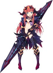 Rule 34 | 1girl, alisia heart, aquaplus, armor, armored boots, bikini, bikini armor, black armor, blue eyes, boots, dungeon travelers 2, flat chest, full body, greaves, highres, holding, holding weapon, horns, huge weapon, kawata hisashi, long hair, looking at viewer, navel, official art, open mouth, red hair, solo, swimsuit, toriatto gununu, transparent background, weapon