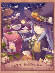 Rule 34 | 1girl, 2022, bat (animal), blush, ghost, glowing, green eyes, greenthumb el, grey hair, half updo, halloween, halloween bucket, hand on own chest, hat, hat ribbon, highres, holding, jack-o&#039;-lantern, long hair, long sleeves, mushroom, neck ribbon, night, non-humanoid robot, open mouth, original, outdoors, ribbon, robot, sign, solo, trick or treat, witch, witch hat