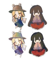 Rule 34 | 2girls, animal hat, black eyes, black hair, blonde hair, blue dress, blush stickers, brown headwear, chinese commentary, commentary request, dress, frilled skirt, frills, hat, houraisan kaguya, long hair, long skirt, long sleeves, medium hair, moriya suwako, multiple girls, no nose, open mouth, pink shirt, red skirt, shirt, simple background, skirt, sleeves past fingers, sleeves past wrists, smile, touhou, variations, white background, white shirt, wide sleeves, yellow eyes, youshouhaoxianzhe