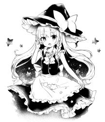 Rule 34 | 1girl, apron, bad id, bad pixiv id, bow, braid, greyscale, hair bow, hat, hat bow, kedama milk, kirisame marisa, long hair, looking at viewer, monochrome, short sleeves, side braid, simple background, skirt, solo, star (symbol), touhou, vest, white background, witch hat