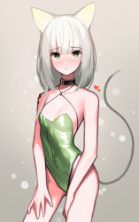 Rule 34 | 1girl, absurdres, animal ear fluff, animal ears, arknights, beudelb, black collar, breasts, cat ears, cat tail, cleavage, collar, collarbone, cowboy shot, detached collar, green leotard, grey background, heart, highres, jewelry, kal&#039;tsit (arknights), korean commentary, leotard, looking at viewer, material growth, medium hair, necklace, oripathy lesion (arknights), shirt, sidelocks, small breasts, solo, tail, thighs, white shirt