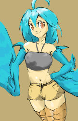 Rule 34 | 10s, 1girl, ahoge, blue hair, blue wings, breasts, brown eyes, covered erect nipples, cowboy shot, feathered wings, hand on own hip, harpy, midriff, monster girl, monster musume no iru nichijou, navel, papi (monster musume), short shorts, shorts, signature, sketch, small breasts, smile, snibako, solo, winged arms, wings