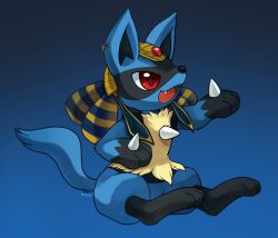 Rule 34 | blue background, creatures (company), earrings, egyptian clothes, fang, furry, game freak, gen 4 pokemon, gold earrings, gradient background, huiro, jewelry, lucario, nintendo, no humans, open mouth, pokemon, pokemon (creature), red eyes, signature, sitting, solo, usekh collar