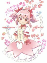 Rule 34 | 1girl, amaiwashi, birthday, bow, bow choker, buttons, chest jewel, choker, commentary, cropped legs, dated, dress, hair bow, happy birthday, kaname madoka, looking at viewer, magical girl, mahou shoujo madoka magica, petticoat, pink bow, pink dress, pink eyes, pink gemstone, pink hair, puffy short sleeves, puffy sleeves, red choker, short dress, short hair, short sleeves, smile, solo, twintails, white sleeves