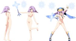 Rule 34 | 1girl, absurdres, akata itsuki, ass, barefoot, boots, full body, gloves, goddess heart penpe, hat, highres, holding, holding wand, kokoro rista!, legs apart, long hair, looking at viewer, multiple views, navel, nipples, nude, official art, one eye closed, open mouth, outstretched arm, purple hair, snowflakes, transparent background, wand, wide stance