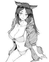 Rule 34 | 1girl, absurdres, alternate costume, animal ears, arknights, bikini, black hair, blush, breasts, cleavage, closed mouth, cowboy shot, dobermann (arknights), dog ears, dog girl, highres, jacket, large breasts, long hair, looking at viewer, mole, mole under eye, monochrome, open clothes, open jacket, purokion katou, sitting, smile, solo, swimsuit