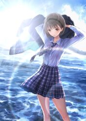 Rule 34 | 1girl, backlighting, blue reflection (series), blue reflection tie, bra, breasts, brown eyes, brown hair, collared shirt, expressionless, hairband, highres, holding, holding clothes, holding jacket, hoshizaki ao, jacket, kishida mel, looking at viewer, necktie, outdoors, see-through, shirt, short hair, skirt, sky, small breasts, solo, sun, sunlight, underwear, unworn jacket, water