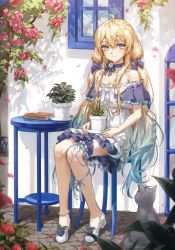 Rule 34 | 1girl, ahoge, anklet, blonde hair, blue eyes, book, cat, chair, closed mouth, commentary, commission, dress, flower, flower pot, flower request, frilled dress, frills, full body, gem, high heels, highres, holding, holding flower pot, jewelry, long hair, looking at viewer, off-shoulder dress, off shoulder, original, outdoors, pearl (gemstone), pearl anklet, plant, potted plant, shadow, sitting, smile, solo, summer, twintails, white footwear, ye jji
