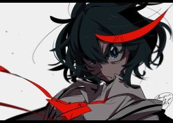 Rule 34 | 1girl, black hair, blue eyes, blurry, blurry background, breasts, close-up, closed mouth, collared shirt, dress shirt, eyes visible through hair, floating hair, hair between eyes, kill la kill, letterboxed, looking at viewer, matoi ryuuko, medium breasts, messy hair, multicolored hair, neck ribbon, red hair, red ribbon, ribbon, sameyama jiro, serious, shaded face, shirt, short hair, signature, simple background, solo, streaked hair, upper body, white background, white shirt