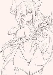 Rule 34 | 10s, 1girl, bare shoulders, breasts, cane, colo mag-chan, draph, gloves, gou (ga673899), granblue fantasy, hair between eyes, haoni, horns, leotard, lineart, long hair, looking at viewer, medium breasts, monochrome, pointy ears, solo, thighhighs