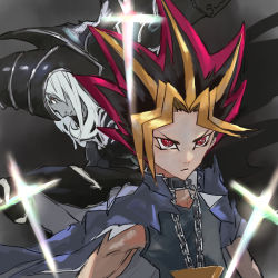 Rule 34 | 2boys, black shirt, blouse, blue cape, bright pupils, cape, chain, character request, check character, closed mouth, dark magician, duel monster, dyed bangs, jewelry, kdm (ke dama), millennium puzzle, multicolored hair, multiple boys, necklace, pointy hair, red eyes, sanpaku, shirt, spiked hair, swords of revealing light, white pupils, yami yugi, yu-gi-oh!