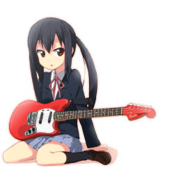 Rule 34 | 00s, 1girl, bad id, bad pixiv id, black hair, brown eyes, fender (company), guitar, h@ll, instrument, k-on!, kneehighs, long hair, mustang (guitar), nakano azusa, neck ribbon, open mouth, pleated skirt, red ribbon, ribbon, school uniform, simple background, sitting, skirt, socks, solo, twintails, wariza, white background