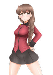 Rule 34 | 1girl, black skirt, braid, braided ponytail, brown eyes, brown hair, closed mouth, commentary, cowboy shot, girls und panzer, hair ornament, hair over shoulder, hair tie, hairclip, hand on own hip, io-catalyst, jacket, long hair, long sleeves, looking at viewer, military, military uniform, miniskirt, pleated skirt, red jacket, rukuriri (girls und panzer), simple background, single braid, skirt, smile, solo, st. gloriana&#039;s military uniform, standing, uniform, white background