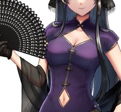 Rule 34 | 1girl, adapted costume, black gloves, black hair, black veil, breasts, china dress, chinese clothes, cleavage, cleavage cutout, closed mouth, clothing cutout, collarbone, commentary request, dress, gloves, hand fan, happy, head out of frame, holding, holding fan, kageharu, long hair, medium breasts, navel, navel cutout, short sleeves, sidelocks, simple background, smile, solo, touhou, veil, very long hair, white background, yomotsu hisami