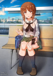 Rule 34 | 1girl, bag, blush, breasts, brown eyes, brown hair, cellphone, collarbone, earphones, female focus, full body, girls und panzer, green skirt, highres, iphone, large breasts, looking at viewer, megadeko, miniskirt, navel, nishizumi miho, open mouth, outdoors, phone, pleated skirt, short hair, sitting, skirt, smartphone, solo