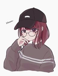 Rule 34 | 1girl, arima kana, black headwear, blush, bob cut, brown sweater, closed mouth, glasses, hat, highres, inverted bob, looking at viewer, minacoco3755, oshi no ko, red eyes, red hair, short hair, simple background, sweater, upper body, white background