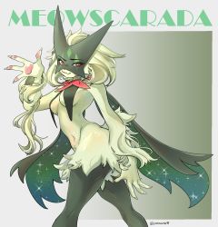 Rule 34 | 1girl, animal hands, body fur, breasts, claws, cleavage, creatures (company), furry, furry female, game freak, green fur, green hair, highres, medium breasts, meowscarada, nintendo, patrasche, pawpads, pokemon, pokemon (creature), red eyes, smile, standing, starry sky cape, tail