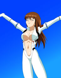 Rule 34 | 00s, 1girl, bodysuit, breasts, brown hair, cleavage, doi shizuha, elbow gloves, closed eyes, gloves, long hair, pilot suit, sky, smile, solo, spacesuit, stratos 4, stretching, unzipped
