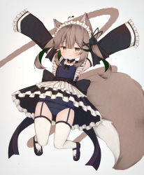 Rule 34 | 1girl, :3, ahoge, alternate costume, animal ear fluff, animal ears, bad id, bad pixiv id, black footwear, black sleeves, blue one-piece swimsuit, blush, brown eyes, brown hair, closed mouth, commentary request, detached sleeves, enmaided, frilled sleeves, frills, garter straps, green hair, grey background, hair between eyes, heart, heart ahoge, highres, long sleeves, looking at viewer, maid, maid headdress, multicolored hair, old school swimsuit, one-piece swimsuit, original, risu (ritharte), school swimsuit, shoes, simple background, sleeves past fingers, sleeves past wrists, solo, swimsuit, swimsuit under clothes, tail, thighhighs, twintails, two-tone hair, white thighhighs