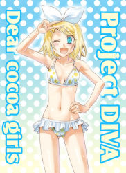 Rule 34 | 1girl, ;d, arihara ema, arm up, armpits, bad id, bad pixiv id, bikini, bikini skirt, blonde hair, blue eyes, blush, bow, breasts, cameltoe, collarbone, cowboy shot, hair bow, hair ornament, hand on own hip, hip focus, kagamine rin, looking at viewer, microphone, navel, one eye closed, open mouth, polka dot, polka dot background, polka dot bikini, polka dot swimsuit, project diva, project diva (series), short hair, small breasts, smile, solo, swimsuit, text focus, v, vocaloid, wink