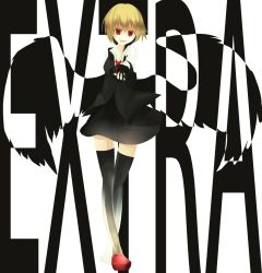 Rule 34 | 1girl, bad id, bad nicoseiga id, black thighhighs, blonde hair, ex-rumia, female focus, long sleeves, necktie, ogami ren, onoue ren, open mouth, red eyes, rumia, short hair, solo, thighhighs, touhou, wings