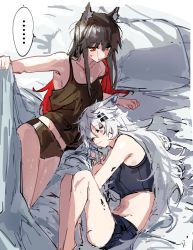 Rule 34 | ..., 2girls, animal ear fluff, animal ears, arknights, armpits, bare arms, bare legs, bare shoulders, bed sheet, black hair, black panties, black shorts, camisole, closed eyes, closed mouth, collarbone, colored inner hair, highres, lappland (arknights), long hair, lying, material growth, multicolored hair, multiple girls, na tarapisu153, navel, on bed, on side, oripathy lesion (arknights), panties, pillow, red hair, shorts, silver hair, sleeping, smile, speech bubble, spoken ellipsis, sports bra, strap slip, texas (arknights), two-tone hair, underwear, very long hair, wolf ears, yuri