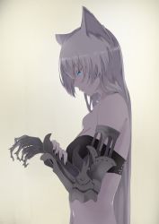 Rule 34 | 1girl, animal ears, aqua eyes, breasts, grey hair, hair ears, highres, holding, holding own arm, long hair, looking at hand, mechanical arms, medium breasts, mikisai, open mouth, original, profile, prosthesis, sidelocks, single mechanical arm, solo, underwear