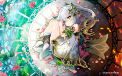 Rule 34 | 1girl, bracelet, cage, cloud, copyright name, crystal, dress, elf, fire, flower, flower (symbol), forest, gem, genshin impact, green eyes, green hair, grey hair, hair ornament, hairclip, highres, jewelry, leaf, light rays, logo, long hair, lying, mihoyo, mountain, multicolored hair, nahida (genshin impact), nature, official art, outdoors, petals, pointy ears, side ponytail, sky, solo, streaked hair, sunbeam, sunlight, symbol-shaped pupils, tree, white dress
