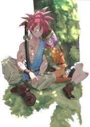 Rule 34 | 1boy, 1girl, absurdres, ayumilani, belt, bike shorts, boots, breasts, chrono trigger, crono (chrono trigger), closed eyes, full body, glasses, grass, headband, helmet, highres, lucca ashtear, muscular, muscular male, purple hair, red hair, scarf, short hair, signature, sleeping, sleeping upright, spiked hair, sword, torn clothes, tree, weapon