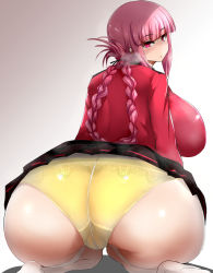 Rule 34 | 1girl, ass, barefoot, blush, braid, breasts, cameltoe, fate/grand order, fate (series), florence nightingale (fate), from behind, highres, huge ass, huge breasts, long hair, looking at viewer, looking back, miniskirt, panties, pink eyes, pink hair, shiny clothes, shiny skin, sideboob, skirt, solo, underwear, yukimaro yukkii