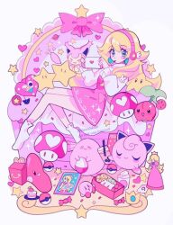 Rule 34 | 1girl, armchair, artist name, bento, blonde hair, blue eyes, blush, blush stickers, bow, bubble tea, cake, candy, casual, chair, chansey, cherubi, closed eyes, closed mouth, commentary, creatures (company), crown, cup, disposable cup, drink, drinking straw, earrings, english commentary, eyelashes, figure, food, food in mouth, fruit, full body, game freak, gen 1 pokemon, gen 3 pokemon, gen 4 pokemon, hair between eyes, handheld game console, hands up, happy meal, headphones, heart, highres, holding, holding cup, holding handheld game console, jewelry, jigglypuff, kirby, kirby (series), long hair, long sleeves, looking at viewer, luvdisc, mario (series), mcdonald&#039;s, meowwniz, mouth hold, mushroom, nintendo, nintendo switch, on chair, pink bow, pink headphones, pink skirt, pink theme, planet, pocky, pocky in mouth, poke ball, poke ball (basic), pokemon, pokemon (creature), princess peach, sidelocks, skirt, skitty, socks, sphere earrings, star (symbol), super star (mario), strawberry, super mushroom, super princess peach, sweater, tray, turtleneck, turtleneck sweater, twitter username, watermark, white background, white socks, white sweater, winged headphones