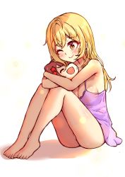 Rule 34 | 1girl, ;t, bang dream!, bare arms, bare legs, bare shoulders, barefoot, blonde hair, blush, brown eyes, c8oyk, character doll, closed mouth, dress, full body, ichigaya arisa, knees up, long hair, no panties, hugging object, one eye closed, purple dress, see-through, shadow, sleeveless, sleeveless dress, solo, star (symbol), sweat, toyama kasumi, white background