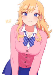 Rule 34 | 1girl, blonde hair, blue eyes, blue skirt, blush, bow, bowtie, breasts, cardigan, chiyoko (tykchiyo), closed mouth, collarbone, commentary request, cowboy shot, highres, idolmaster, idolmaster cinderella girls, jewelry, leaning forward, long hair, long sleeves, looking at viewer, medium breasts, necklace, ohtsuki yui, pink cardigan, pleated skirt, shirt, simple background, skirt, smile, solo, striped, v arms, wavy hair, white background, white shirt