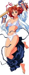 Rule 34 | 1990s (style), 1girl, :d, absurdres, asuka (viper), barefoot, blue hakama, bow, bow panties, bra, brown eyes, clothes pull, dougi, feet, frilled bra, frilled panties, frills, gloves, hakama, hakama pull, hakama skirt, highres, japanese clothes, jumping, katsura ken&#039;ichirou, kendo, lingerie, long hair, open clothes, open mouth, open shirt, panties, red hair, retro artstyle, ribbon, shinai, shirt, skirt, skirt pull, smile, solo, sword, toes, underwear, viper, viper ctr, weapon, white bra, white panties