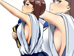 Rule 34 | 10s, 1girl, armpits, blush, breasts, brown eyes, brown hair, from side, hakama, hakama skirt, hyudora, japanese clothes, kaga (kancolle), kantai collection, looking at viewer, looking to the side, medium breasts, no bra, parted lips, side ponytail, sideboob, simple background, skirt, solo, sweat, upper body, white background, wide sleeves, zoom layer